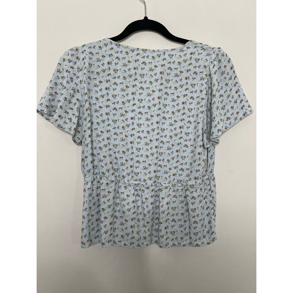 Urban Romantics Blouse Short Flutter Sleeve V-Neck Peplum Ruffled Floral Blue L - Picture 2 of 7